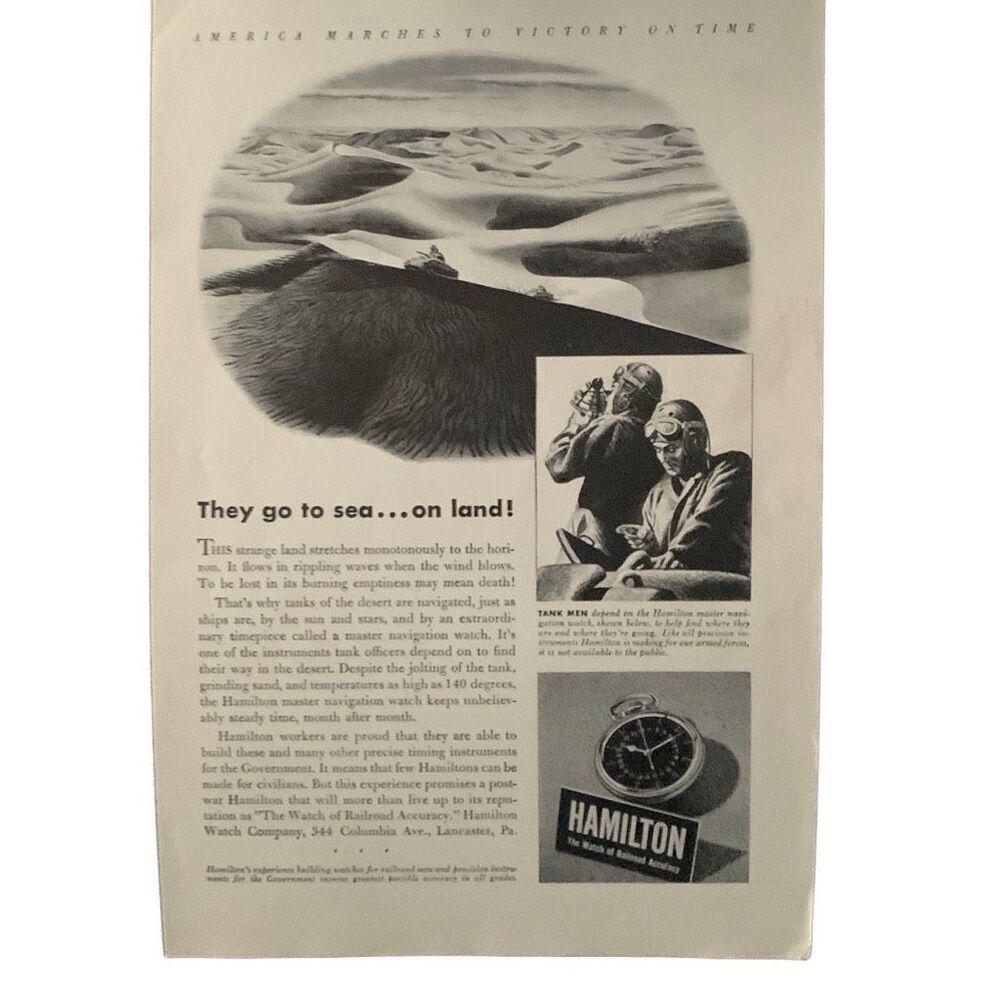 Vintage 1943 Hamilton Watch They Go To Sea On Land Ad Advertisement - Picture 1 of 4
